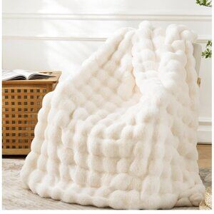 Premium Soft Faux Rabbit Fur Throw Blanket Plush 63"x51" 3D Bubble Wave Blanket